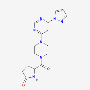 molecular formula C16H19N7O2 B2531355 5-(4-(6-(1H-pyrazol-1-yl)pyrimidin-4-yl)piperazine-1-carbonyl)pyrrolidin-2-one CAS No. 1257546-78-3