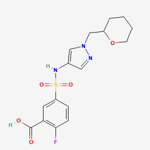 molecular formula C16H18FN3O5S B2531373 2-氟-5-(N-(1-((四氢-2H-吡喃-2-基)甲基)-1H-吡唑-4-基)磺酰胺基)苯甲酸 CAS No. 2034230-36-7