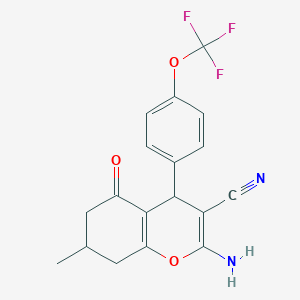 molecular formula C18H15F3N2O3 B2531387 2-Amino-7-methyl-5-oxo-4-[4-(trifluoromethoxy)phenyl]-4,6,7,8-tetrahydrochromene-3-carbonitrile CAS No. 1024356-51-1