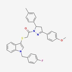 molecular formula C34H30FN3O2S B2531392 2-((1-(4-fluorobenzyl)-1H-indol-3-yl)thio)-1-(3-(4-methoxyphenyl)-5-(p-tolyl)-4,5-dihydro-1H-pyrazol-1-yl)ethanone CAS No. 681274-98-6
