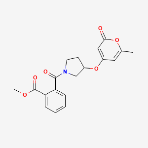 molecular formula C19H19NO6 B2531430 methyl 2-(3-((6-methyl-2-oxo-2H-pyran-4-yl)oxy)pyrrolidine-1-carbonyl)benzoate CAS No. 1706298-19-2