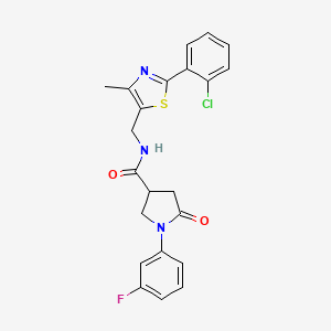 molecular formula C22H19ClFN3O2S B2531488 N-((2-(2-chlorophenyl)-4-methylthiazol-5-yl)methyl)-1-(3-fluorophenyl)-5-oxopyrrolidine-3-carboxamide CAS No. 1421445-22-8