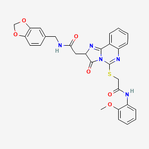 molecular formula C29H25N5O6S B2531540 2-{[2-({[(2H-1,3-benzodioxol-5-yl)メチル]カルバモイル}メチル)-3-オキソ-2H,3H-イミダゾ[1,2-c]キナゾリン-5-イル]スルファニル}-N-(2-メトキシフェニル)アセトアミド CAS No. 959512-37-9