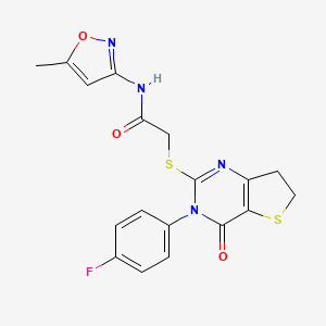 molecular formula C18H15FN4O3S2 B2531757 2-((3-(4-fluorophenyl)-4-oxo-3,4,6,7-tetrahydrothieno[3,2-d]pyrimidin-2-yl)thio)-N-(5-methylisoxazol-3-yl)acetamide CAS No. 362501-65-3