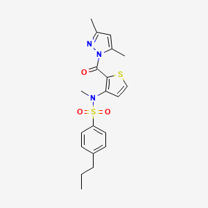 molecular formula C20H23N3O3S2 B2531785 N-{2-[(3,5-二甲基-1H-吡唑-1-基)羰基]噻吩-3-基}-N-甲基-4-丙基苯磺酰胺 CAS No. 1325306-95-3
