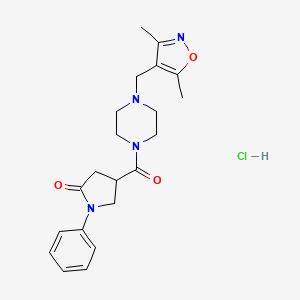 molecular formula C21H27ClN4O3 B2531803 盐酸4-(4-((3,5-二甲基异恶唑-4-基)甲基)哌嗪-1-羰基)-1-苯基吡咯烷-2-酮 CAS No. 1351633-02-7