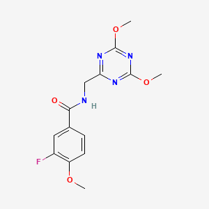 molecular formula C14H15FN4O4 B2531845 N-((4,6-dimethoxy-1,3,5-triazin-2-yl)methyl)-3-fluoro-4-methoxybenzamide CAS No. 2034539-41-6