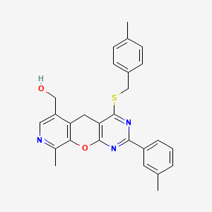 molecular formula C27H25N3O2S B2531848 [14-Methyl-5-(3-methylphenyl)-7-{[(4-methylphenyl)methyl]sulfanyl}-2-oxa-4,6,13-triazatricyclo[8.4.0.0^{3,8}]tetradeca-1(10),3(8),4,6,11,13-hexaen-11-yl]methanol CAS No. 892415-19-9