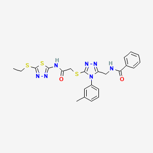 molecular formula C23H23N7O2S3 B2531874 N-[[5-[2-[(5-ethylsulfanyl-1,3,4-thiadiazol-2-yl)amino]-2-oxoethyl]sulfanyl-4-(3-methylphenyl)-1,2,4-triazol-3-yl]methyl]benzamide CAS No. 393839-42-4