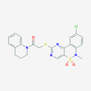 molecular formula C22H19ClN4O3S2 B2531909 2-((9-氯-6-甲基-5,5-二氧化-6H-苯并[c]嘧啶并[4,5-e][1,2]噻嗪-2-基)硫代)-1-(3,4-二氢喹啉-1(2H)-基)乙酮 CAS No. 1111409-16-5