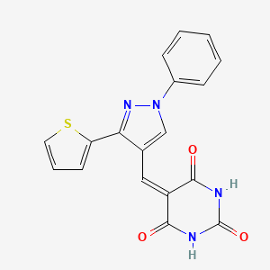 molecular formula C18H12N4O3S B2531971 5-[(1-苯基-3-噻吩-2-基吡唑-4-基)亚甲基]-1,3-二嗪烷-2,4,6-三酮 CAS No. 379218-74-3