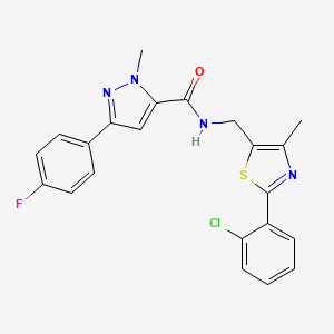 molecular formula C22H18ClFN4OS B2532101 N-((2-(2-chlorophenyl)-4-methylthiazol-5-yl)methyl)-3-(4-fluorophenyl)-1-methyl-1H-pyrazole-5-carboxamide CAS No. 1421485-66-6