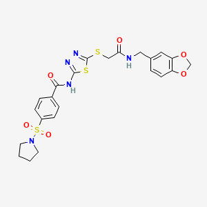 molecular formula C23H23N5O6S3 B2532139 N-(5-((2-((benzo[d][1,3]dioxol-5-ylmethyl)amino)-2-oxoethyl)thio)-1,3,4-thiadiazol-2-yl)-4-(pyrrolidin-1-ylsulfonyl)benzamide CAS No. 896028-27-6