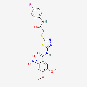 molecular formula C19H16FN5O6S2 B2532154 N-(5-((2-((4-fluorophenyl)amino)-2-oxoethyl)thio)-1,3,4-thiadiazol-2-yl)-4,5-dimethoxy-2-nitrobenzamide CAS No. 391869-89-9