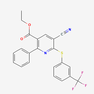 molecular formula C22H15F3N2O2S B2532176 Ethyl 5-cyano-2-phenyl-6-((3-(trifluoromethyl)phenyl)sulfanyl)nicotinate CAS No. 306980-03-0