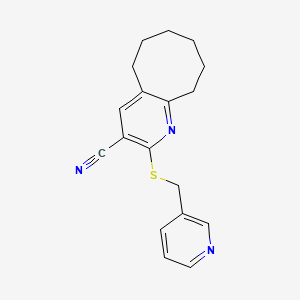 molecular formula C18H19N3S B2532195 2-(Pyridin-3-ylmethylsulfanyl)-5,6,7,8,9,10-hexahydrocycloocta[b]pyridine-3-carbonitrile CAS No. 496804-64-9