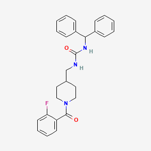 molecular formula C27H28FN3O2 B2532225 1-苯甲酰基-3-((1-(2-氟苯甲酰基)哌啶-4-基)甲基)脲 CAS No. 1235091-54-9