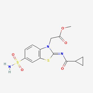 molecular formula C14H15N3O5S2 B2532316 (Z)-methyl 2-(2-((cyclopropanecarbonyl)imino)-6-sulfamoylbenzo[d]thiazol-3(2H)-yl)acetate CAS No. 865199-12-8