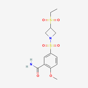 molecular formula C13H18N2O6S2 B2532317 5-((3-(乙磺酰基)氮杂环丁-1-基)磺酰基)-2-甲氧基苯甲酰胺 CAS No. 2034303-84-7