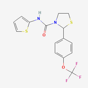 molecular formula C15H13F3N2O2S2 B2532345 N-(thiophen-2-yl)-2-(4-(trifluoromethoxy)phenyl)thiazolidine-3-carboxamide CAS No. 2034485-23-7