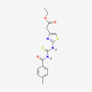 molecular formula C16H17N3O3S2 B2532444 Ethyl 2-(2-(3-(4-methylbenzoyl)thioureido)thiazol-4-yl)acetate CAS No. 431916-22-2