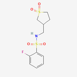 molecular formula C11H14FNO4S2 B2532510 N-[(1,1-二氧代-1λ6-硫杂环戊烷-3-基)甲基]-2-氟苯-1-磺酰胺 CAS No. 1179753-05-9