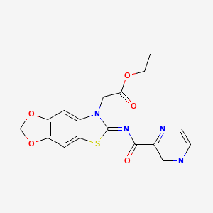 molecular formula C17H14N4O5S B2532533 (E)-ethyl 2-(6-((pyrazine-2-carbonyl)imino)-[1,3]dioxolo[4',5':4,5]benzo[1,2-d]thiazol-7(6H)-yl)acetate CAS No. 1173517-58-2
