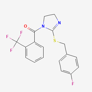 molecular formula C18H14F4N2OS B2532557 (2-((4-氟苄基)硫代)-4,5-二氢-1H-咪唑-1-基)(2-(三氟甲基)苯基)甲苯酮 CAS No. 851865-96-8