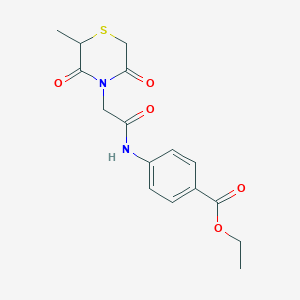 molecular formula C16H18N2O5S B2532570 Ethyl 4-[[2-(2-methyl-3,5-dioxothiomorpholin-4-yl)acetyl]amino]benzoate CAS No. 868216-14-2