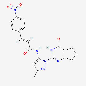 molecular formula C20H18N6O4 B2532673 (E)-N-(3-methyl-1-(4-oxo-4,5,6,7-tetrahydro-3H-cyclopenta[d]pyrimidin-2-yl)-1H-pyrazol-5-yl)-3-(4-nitrophenyl)acrylamide CAS No. 1002483-11-5