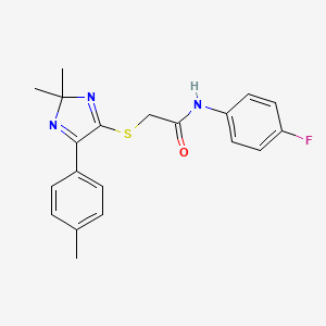 molecular formula C20H20FN3OS B2532793 2-((2,2-二甲基-5-(对甲苯基)-2H-咪唑-4-基)硫代)-N-(4-氟苯基)乙酰胺 CAS No. 899913-87-2