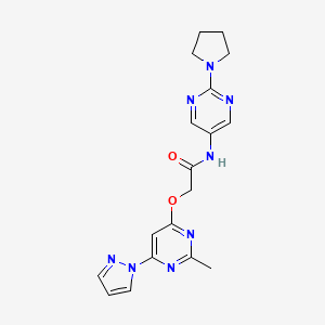 molecular formula C18H20N8O2 B2532798 2-((2-甲基-6-(1H-吡唑-1-基)嘧啶-4-基)氧基)-N-(2-(吡咯烷-1-基)嘧啶-5-基)乙酰胺 CAS No. 1421457-37-5