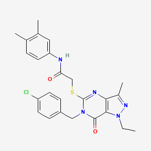molecular formula C25H26ClN5O2S B2532818 2-({6-[(4-chlorophenyl)methyl]-1-ethyl-3-methyl-7-oxo-1H,6H,7H-pyrazolo[4,3-d]pyrimidin-5-yl}sulfanyl)-N-(3,4-dimethylphenyl)acetamide CAS No. 1358984-72-1