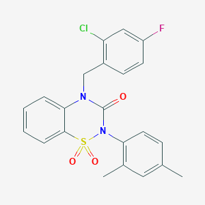 molecular formula C22H18ClFN2O3S B2532855 4-(2-chloro-4-fluorobenzyl)-2-(2,4-dimethylphenyl)-2H-benzo[e][1,2,4]thiadiazin-3(4H)-one 1,1-dioxide CAS No. 892360-59-7