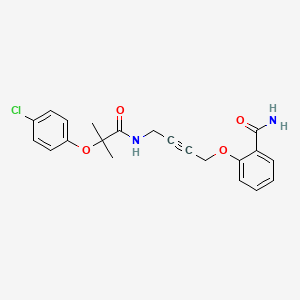 molecular formula C21H21ClN2O4 B2532998 2-((4-(2-(4-Chlorophenoxy)-2-methylpropanamido)but-2-yn-1-yl)oxy)benzamide CAS No. 1421481-50-6