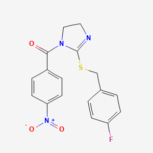 molecular formula C17H14FN3O3S B2533032 (2-((4-fluorobenzyl)thio)-4,5-dihydro-1H-imidazol-1-yl)(4-nitrophenyl)methanone CAS No. 851865-94-6