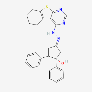 molecular formula C27H24N4OS B2533036 (Z)-1,2-二苯基-4-(2-(5,6,7,8-四氢苯并[4,5]噻吩[2,3-d]嘧啶-4-基)肼基)环戊-2-烯醇 CAS No. 314244-27-4