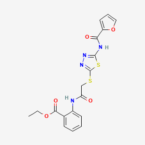 molecular formula C18H16N4O5S2 B2533107 Ethyl 2-(2-((5-(furan-2-carboxamido)-1,3,4-thiadiazol-2-yl)thio)acetamido)benzoate CAS No. 893351-04-7