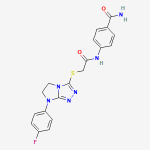molecular formula C19H17FN6O2S B2533127 4-(2-((7-(4-氟苯基)-6,7-二氢-5H-咪唑并[2,1-c][1,2,4]三唑-3-基)硫代)乙酰氨基)苯甲酰胺 CAS No. 921788-98-9
