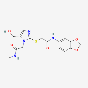 molecular formula C16H18N4O5S B2533134 N-(benzo[d][1,3]dioxol-5-yl)-2-((5-(hydroxymethyl)-1-(2-(methylamino)-2-oxoethyl)-1H-imidazol-2-yl)thio)acetamide CAS No. 921865-78-3