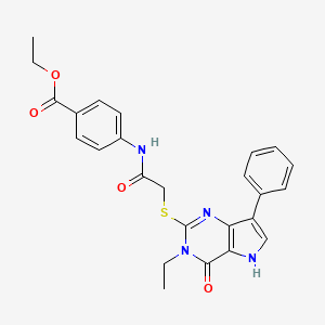 molecular formula C25H24N4O4S B2533164 4-(2-((3-エチル-4-オキソ-7-フェニル-4,5-ジヒドロ-3H-ピロロ[3,2-d]ピリミジン-2-イル)チオ)アセトアミド)安息香酸エチル CAS No. 1021226-64-1