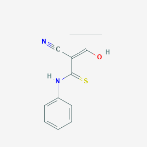 molecular formula C14H16N2OS B2533165 4,4-Dimethyl-3-oxo-2-[(phenylamino)(sulfanyl)methylidene]pentanenitrile CAS No. 1025530-23-7