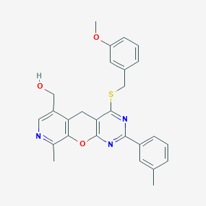 molecular formula C27H25N3O3S B2533168 (7-{[(3-Methoxyphenyl)methyl]sulfanyl}-14-methyl-5-(3-methylphenyl)-2-oxa-4,6,13-triazatricyclo[8.4.0.0^{3,8}]tetradeca-1(10),3(8),4,6,11,13-hexaen-11-yl)methanol CAS No. 892415-22-4