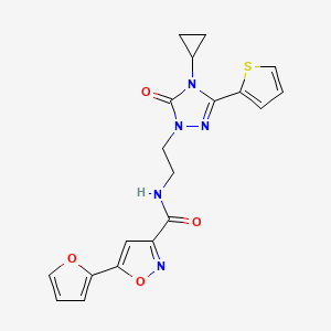 molecular formula C19H17N5O4S B2533221 N-(2-(4-cyclopropyl-5-oxo-3-(thiophen-2-yl)-4,5-dihydro-1H-1,2,4-triazol-1-yl)ethyl)-5-(furan-2-yl)isoxazole-3-carboxamide CAS No. 1448076-85-4