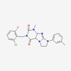 molecular formula C22H19ClFN5O2 B2533223 3-[(2-chloro-6-fluorophenyl)methyl]-1-methyl-8-(3-methylphenyl)-1H,2H,3H,4H,6H,7H,8H-imidazo[1,2-g]purine-2,4-dione CAS No. 872839-98-0