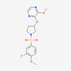 molecular formula C16H18FN3O5S B2533272 2-((1-((3-Fluoro-4-methoxyphenyl)sulfonyl)pyrrolidin-3-yl)oxy)-3-methoxypyrazine CAS No. 2034322-86-4