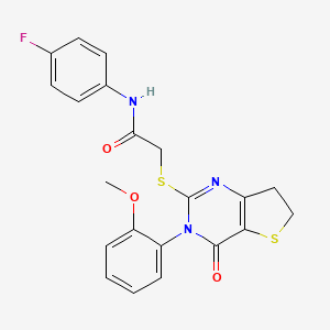 molecular formula C21H18FN3O3S2 B2533321 N-(4-fluorophenyl)-2-((3-(2-methoxyphenyl)-4-oxo-3,4,6,7-tetrahydrothieno[3,2-d]pyrimidin-2-yl)thio)acetamide CAS No. 686772-05-4
