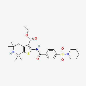molecular formula C26H35N3O5S2 B2533426 Ethyl 5,5,7,7-tetramethyl-2-[(4-piperidin-1-ylsulfonylbenzoyl)amino]-4,6-dihydrothieno[2,3-c]pyridine-3-carboxylate CAS No. 449783-03-3