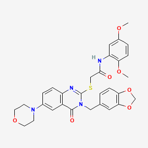 molecular formula C30H30N4O7S B2533430 2-[3-(1,3-苯并二氧杂环-5-基甲基)-6-吗啉-4-基-4-氧代喹唑啉-2-基]硫代基-N-(2,5-二甲氧基苯基)乙酰胺 CAS No. 689772-67-6