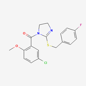 molecular formula C18H16ClFN2O2S B2533481 （5-氯-2-甲氧基苯基）（2-（（4-氟苯甲基）硫）-4,5-二氢-1H-咪唑-1-基）甲苯酮 CAS No. 851865-91-3